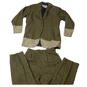 Krivoy Olive Green Wool Blazer Pant Suit Set Vintage Hadesman Style Size 2